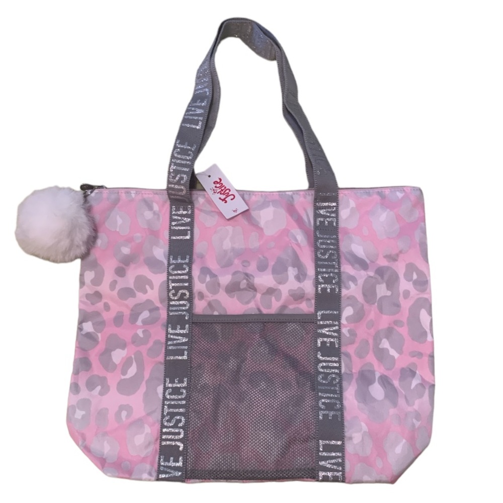 Justice Girls Pink White Cheetah Print Tote Bag